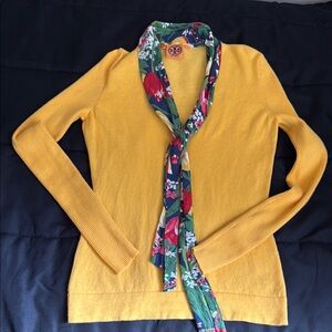 Tory Burch Yellow and Green Cardigan Sweater with Floral Accents